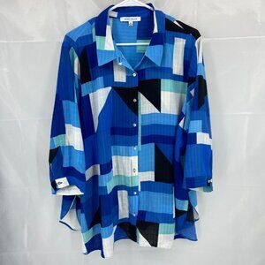 Rose & Olive Women 2X Geometric Print Blouse Retro Top Blue Flowy Button Up Boxy